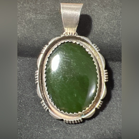 Signed JoAnn Yazzie Navajo Sterling Silver 925 Green Onyx Large Pendant 26g